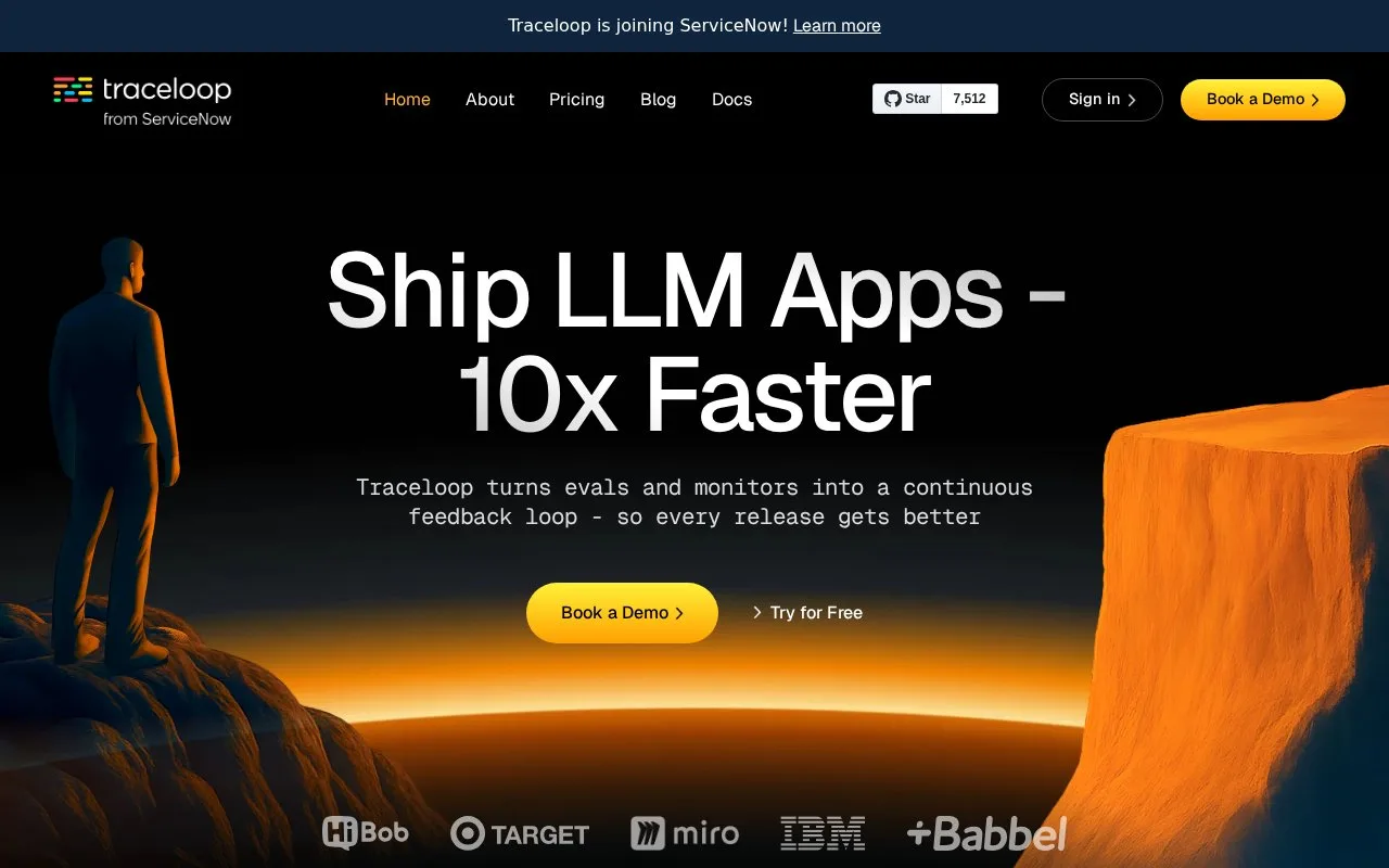 Screenshot of the Traceloop homepage