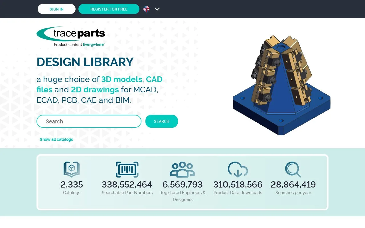 Screenshot of the TraceParts homepage