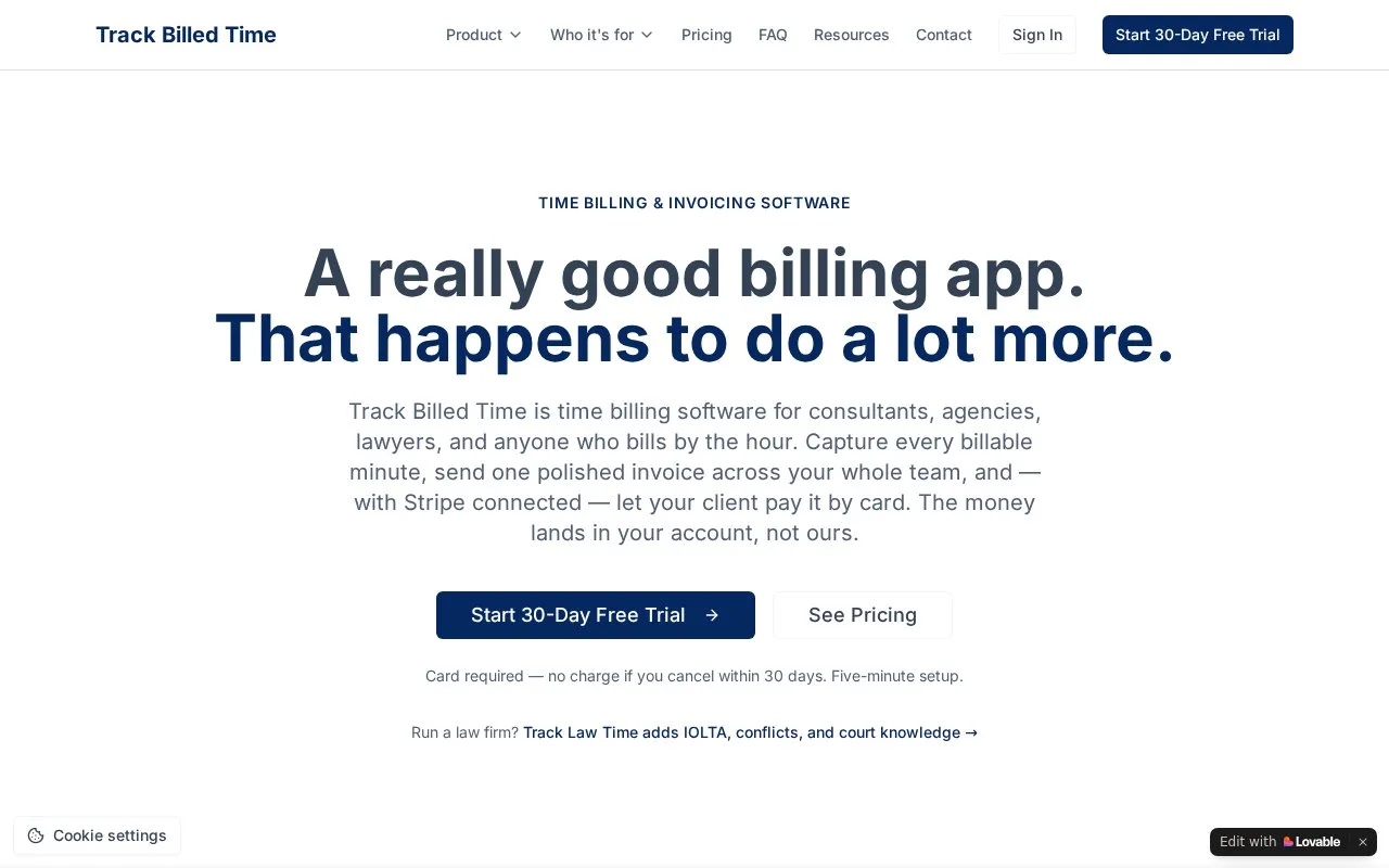 Screenshot of the Track Billed Time homepage