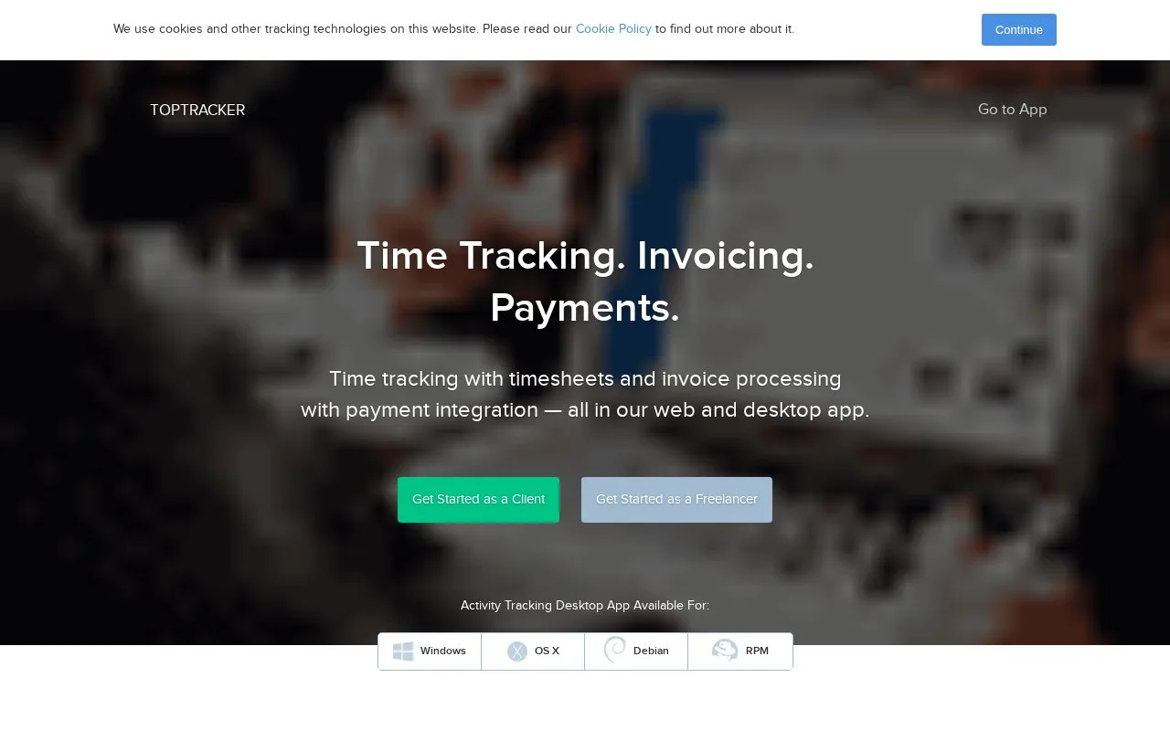 Screenshot of the TopTracker homepage