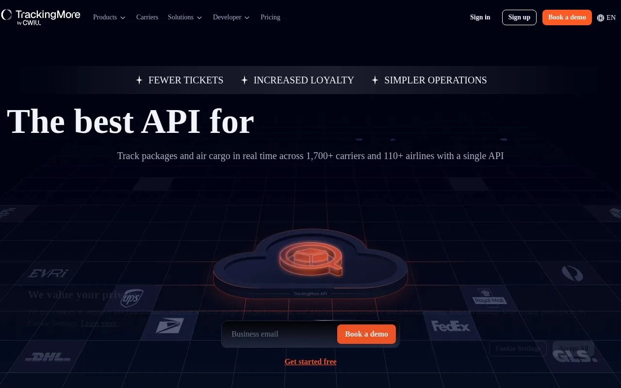 Screenshot of the TrackingMore homepage