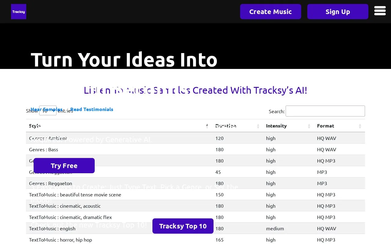 Screenshot of the Tracksy homepage