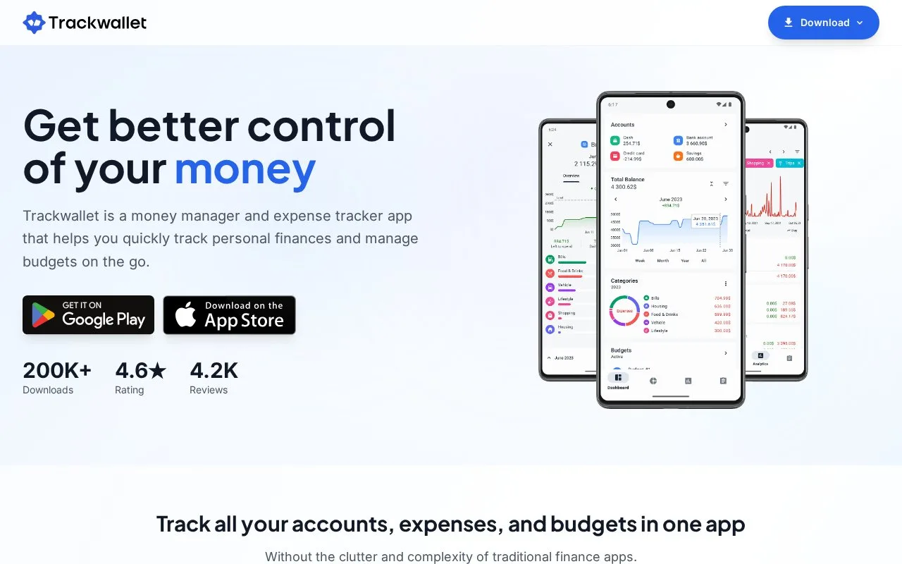 Screenshot of the Trackwallet homepage