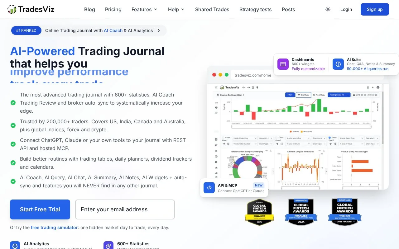 Screenshot of the TradesViz homepage