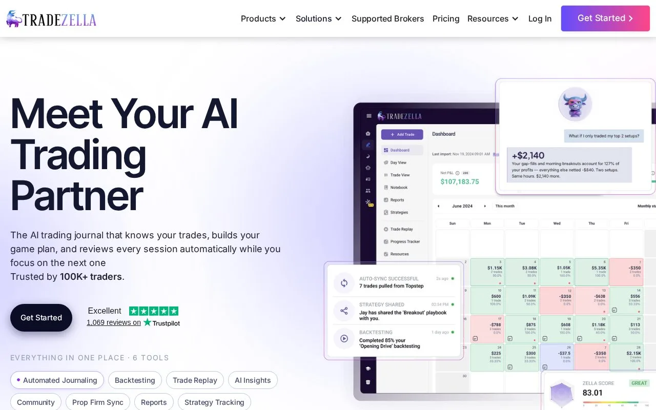 Screenshot of the TradeZella homepage
