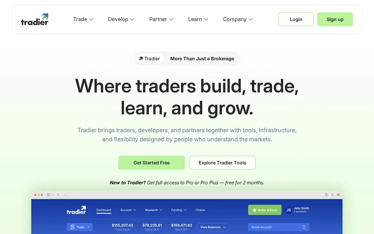 Screenshot of the Tradier homepage