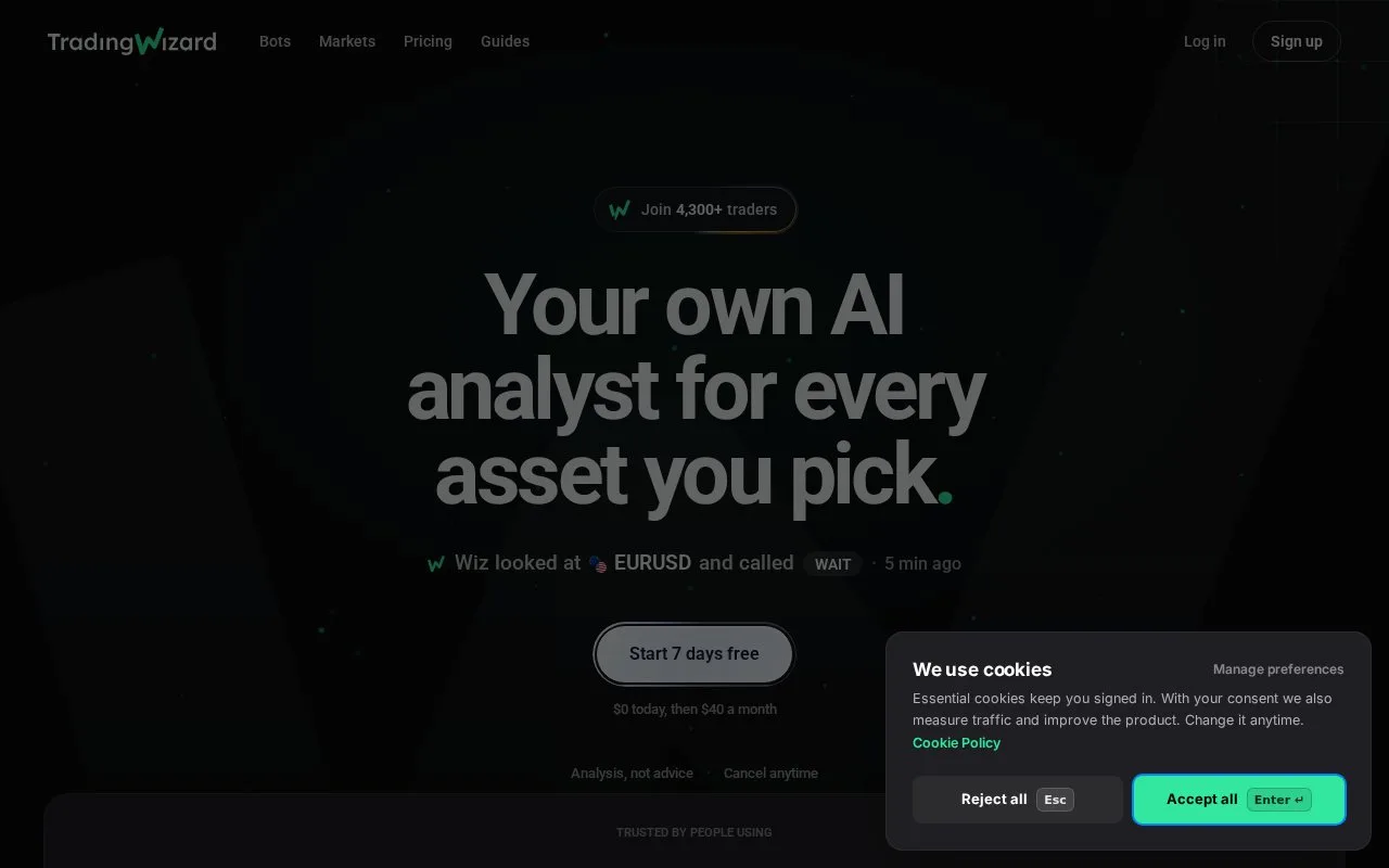 Screenshot of the TradingWizard homepage