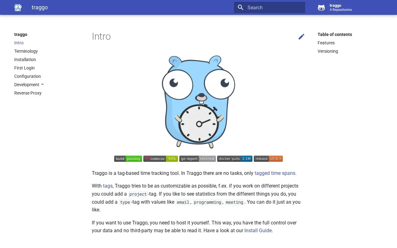 Screenshot of the Traggo homepage