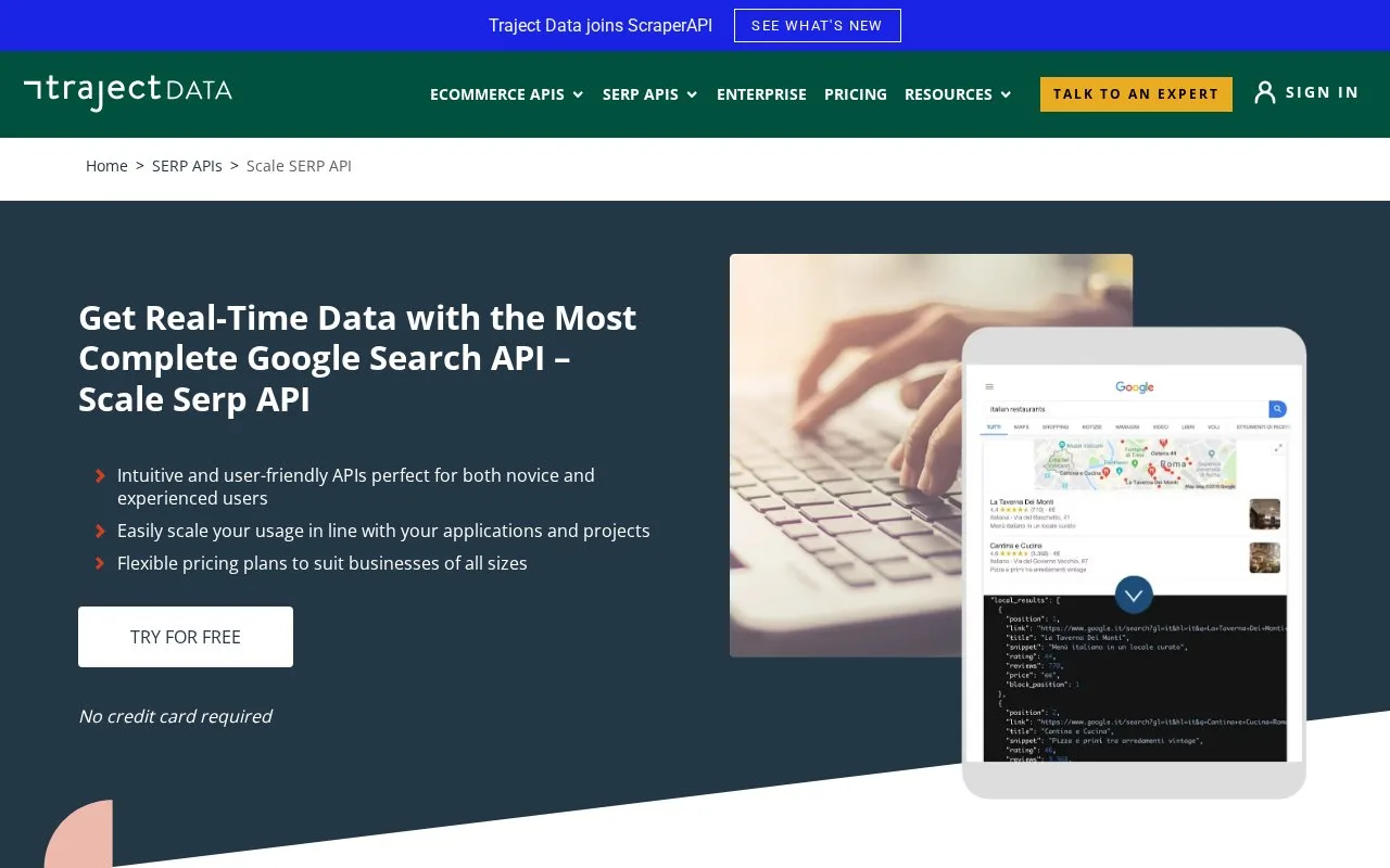 Screenshot of the Scale SERP homepage