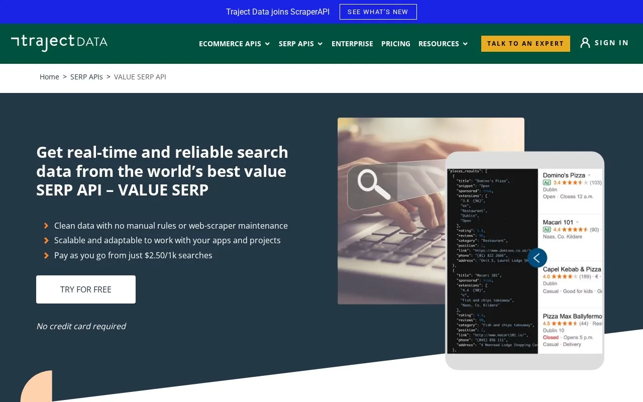 Screenshot of the VALUE SERP homepage