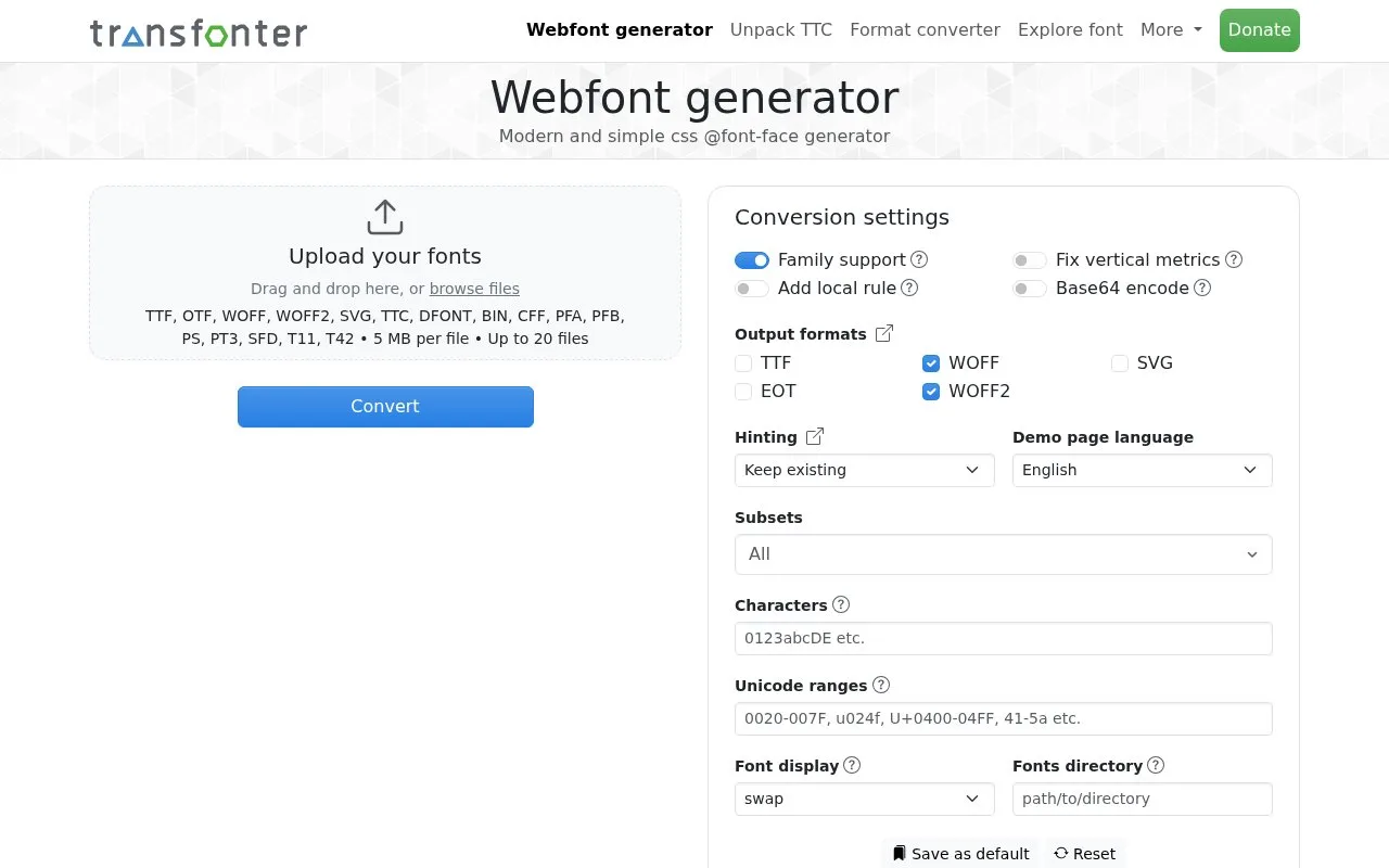 Screenshot of the Transfonter homepage