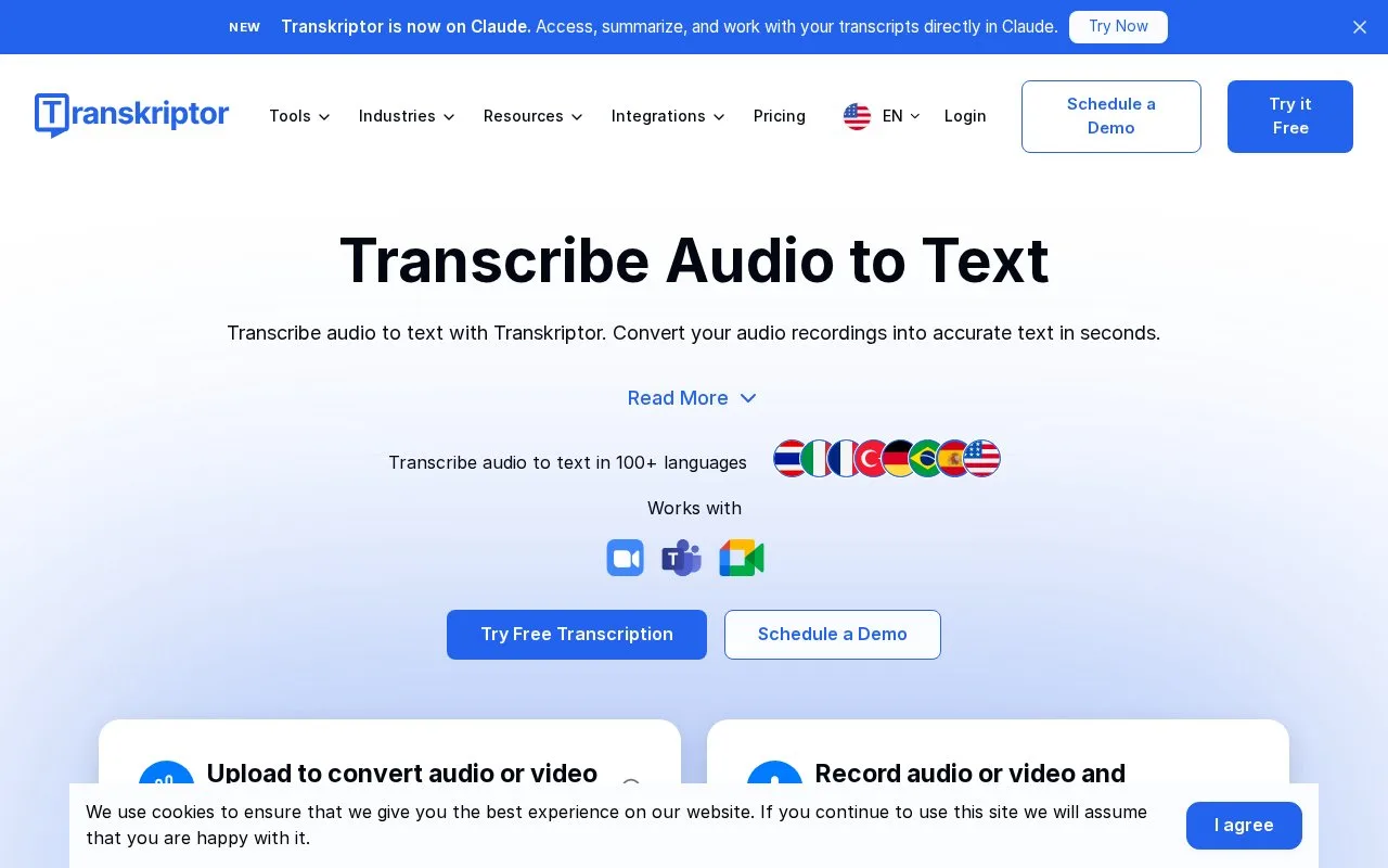 Screenshot of the Transkriptor homepage