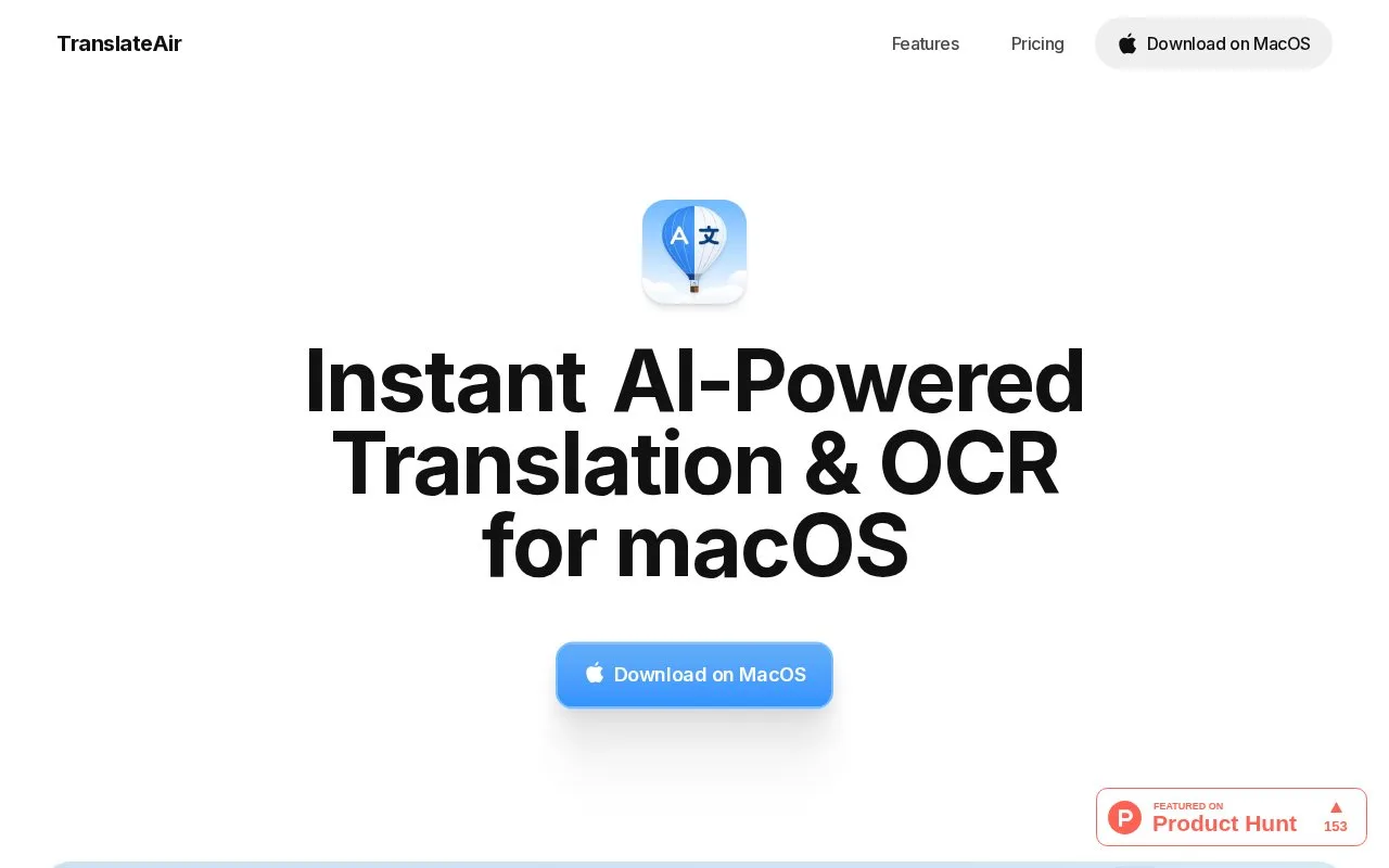 Screenshot of the TranslateAir homepage