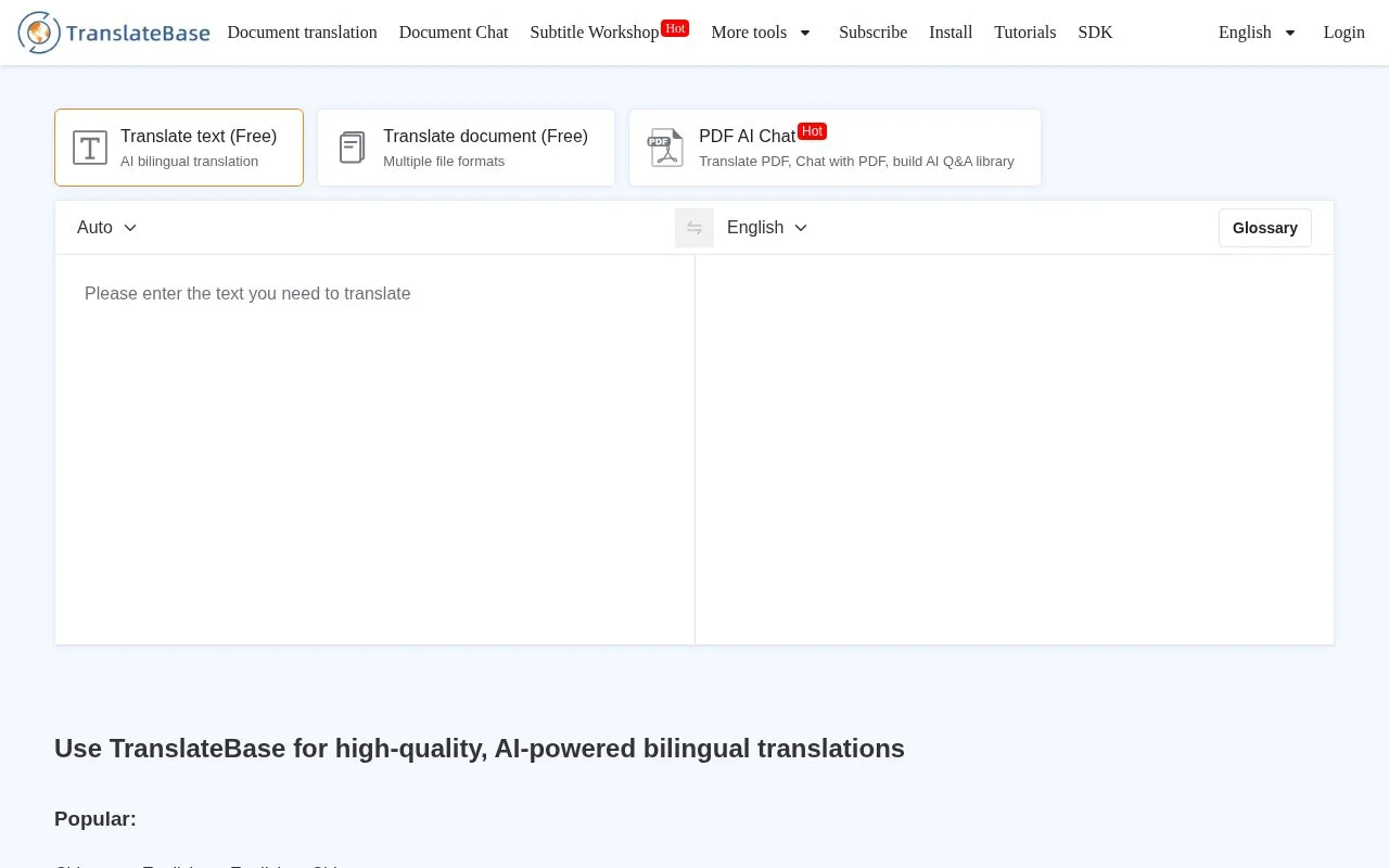 Screenshot of the TranslateBase homepage