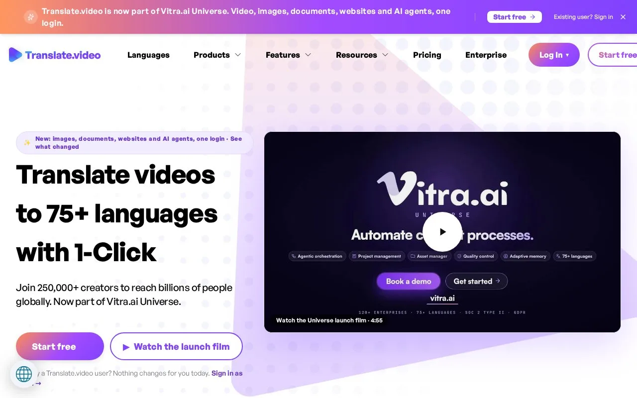 Screenshot of the Translate.video homepage