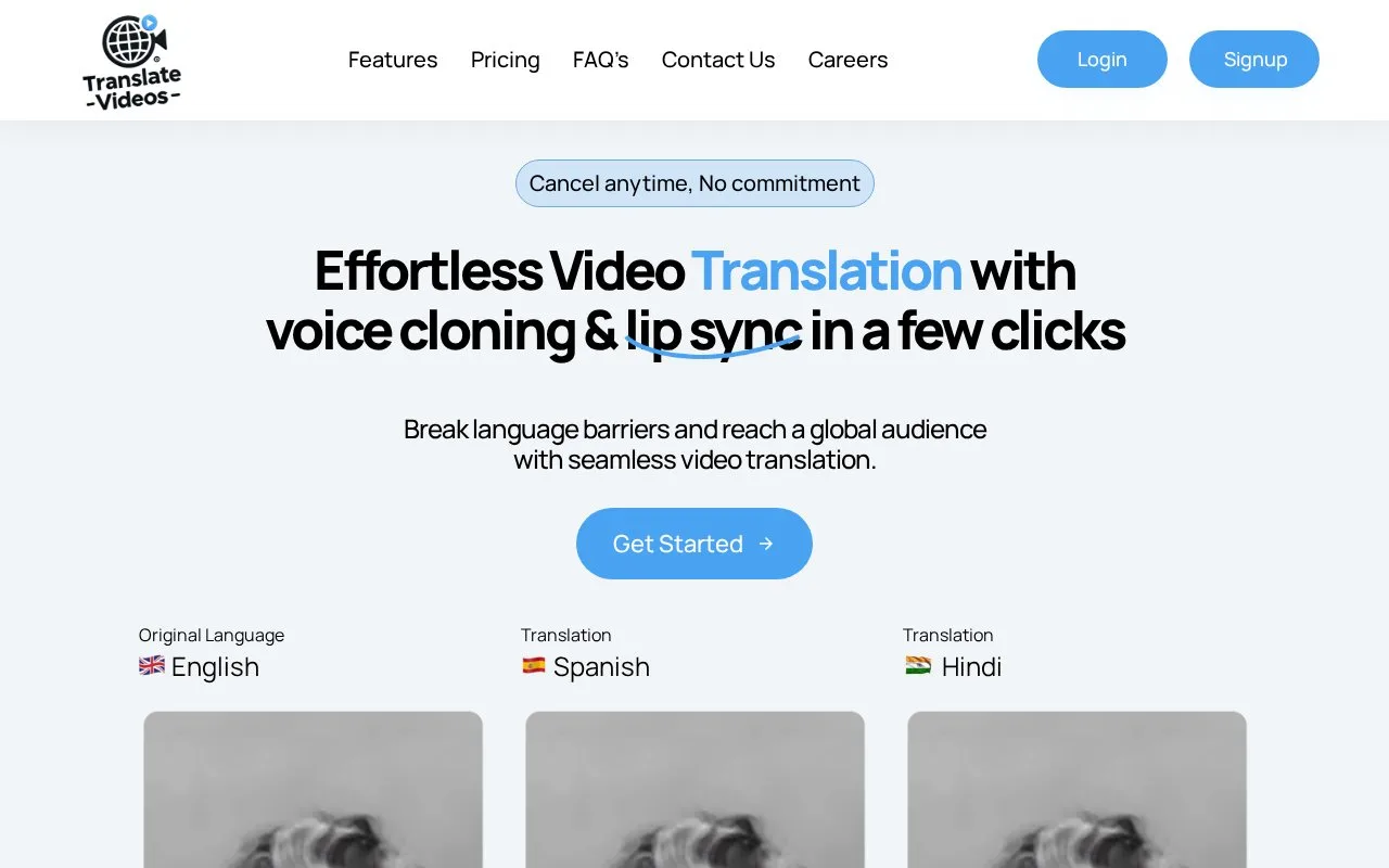 Screenshot of the TranslateVideos.io homepage