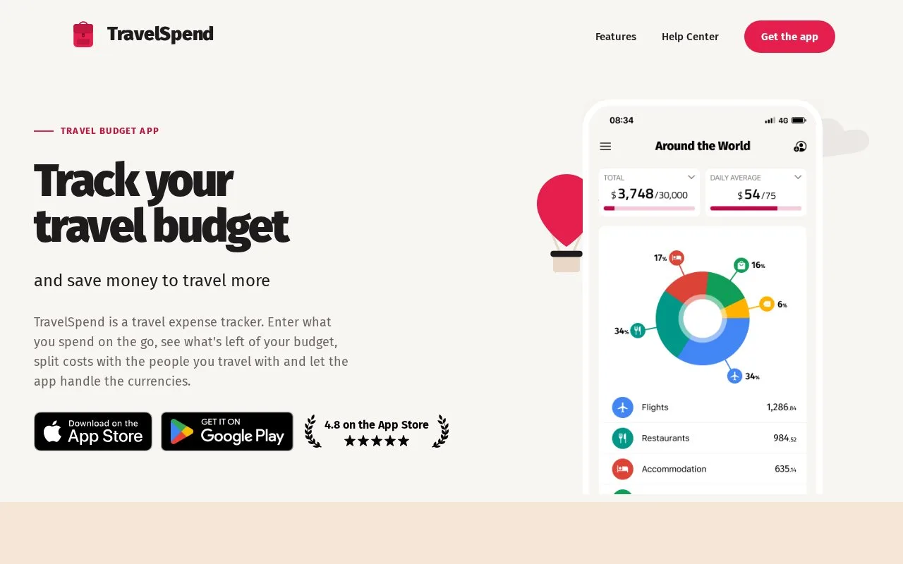 Screenshot of the TravelSpend homepage