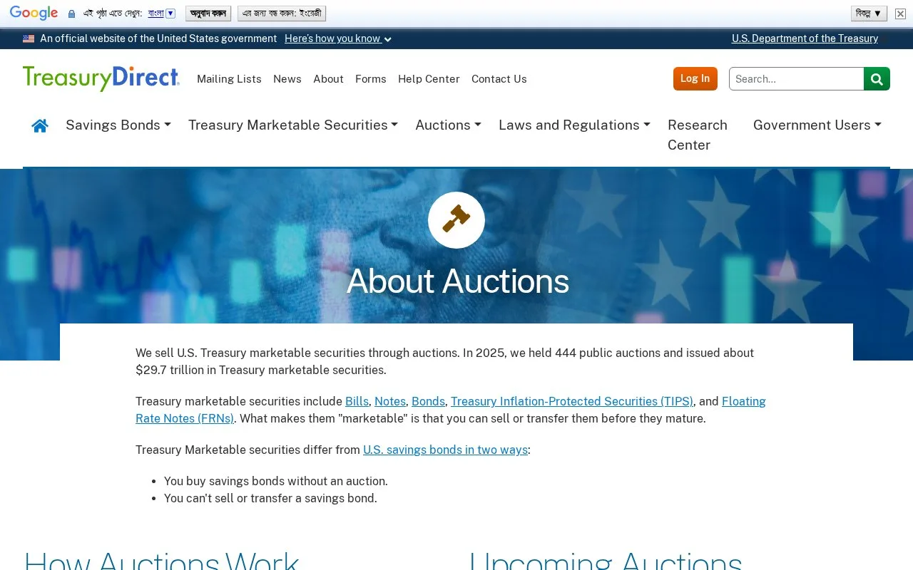 Screenshot of the TreasuryDirect Auction Research homepage