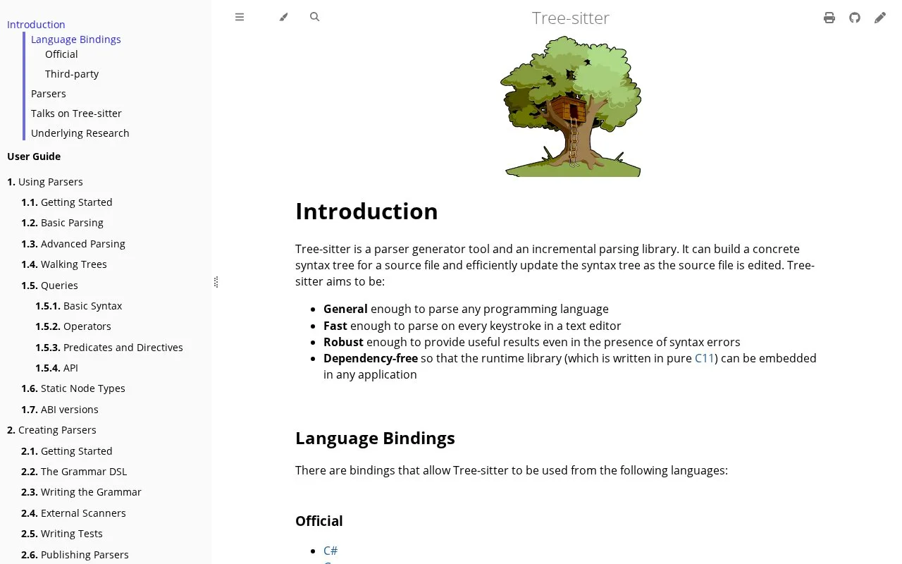 Screenshot of the Tree-sitter homepage