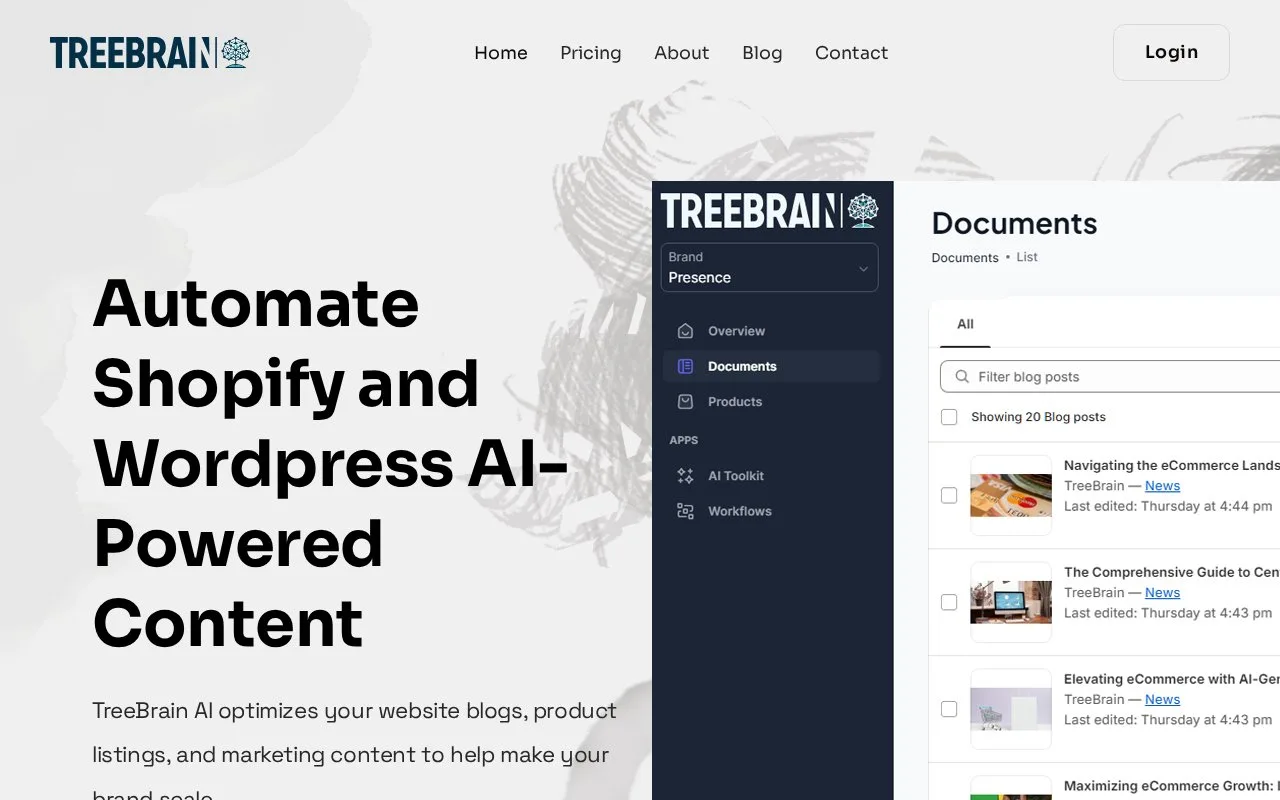 Screenshot of the TreeBrain AI homepage
