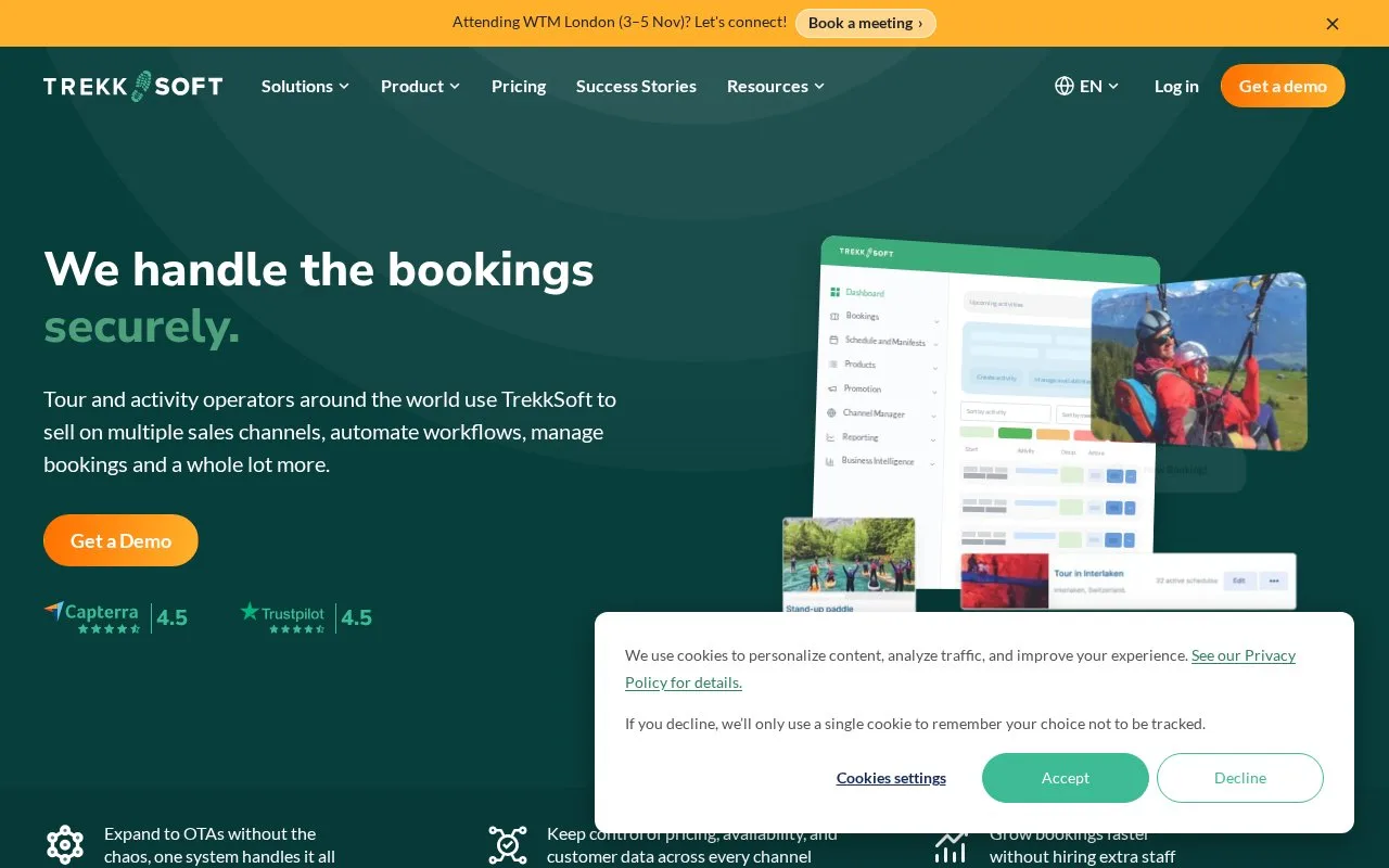 Screenshot of the TrekkSoft homepage