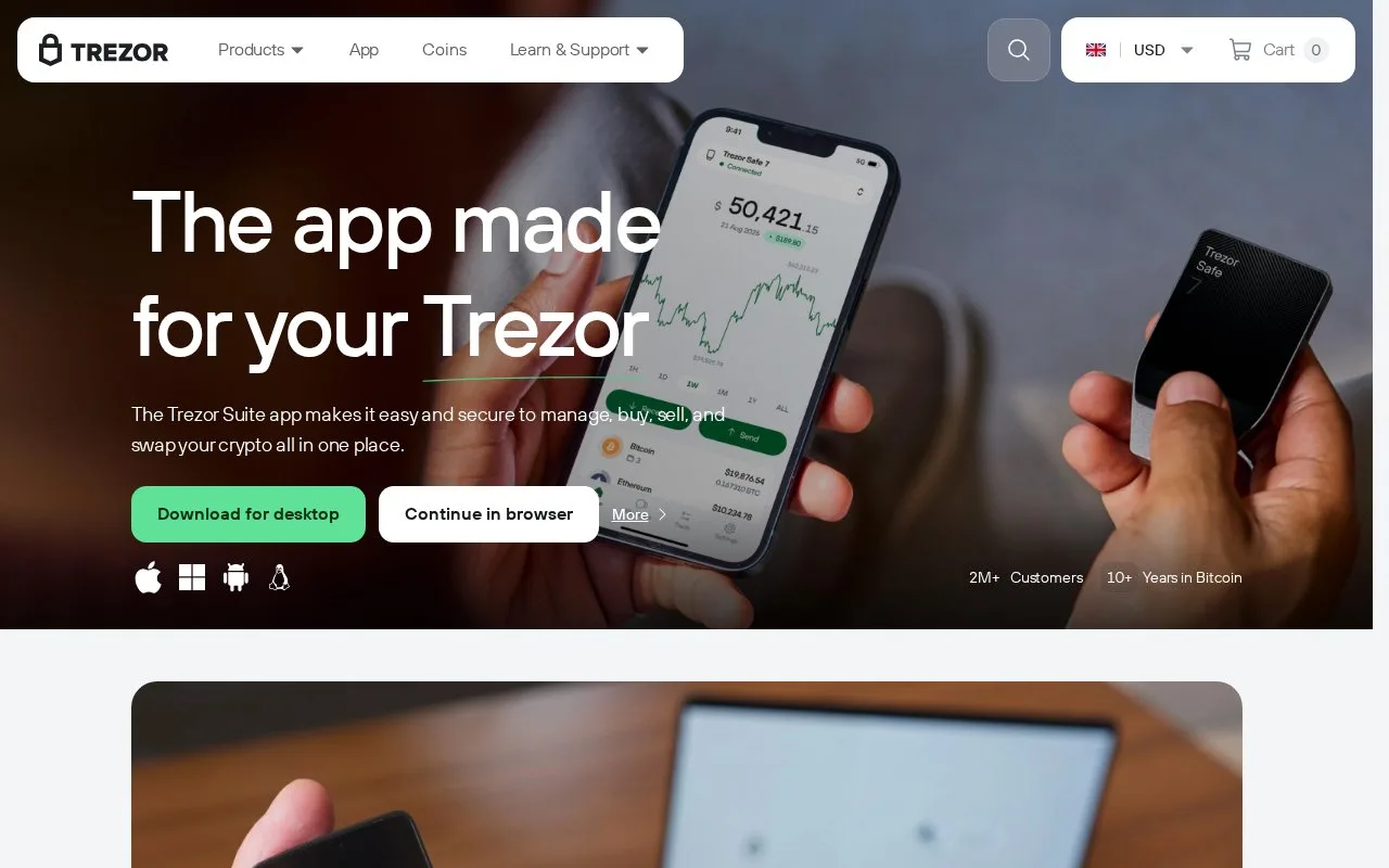 Screenshot of the Trezor Suite homepage