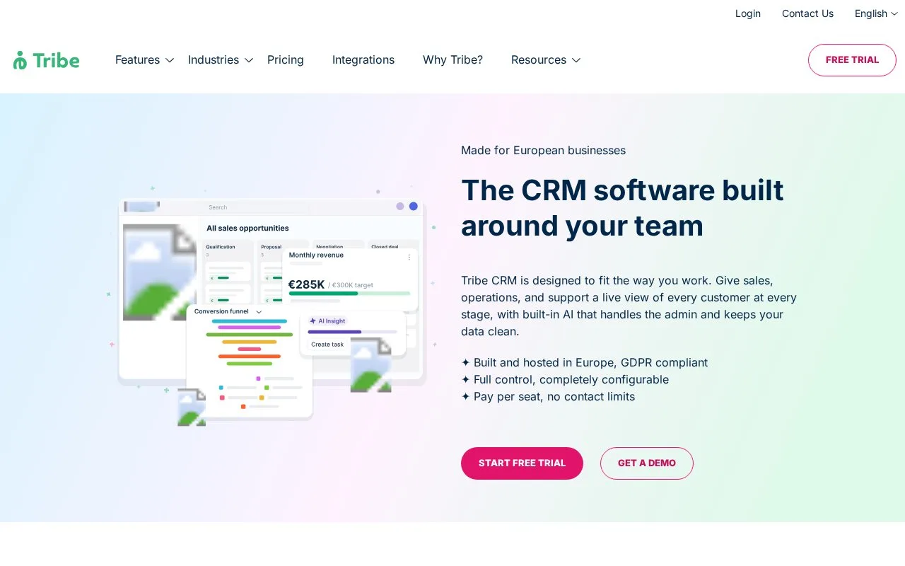 Screenshot of the Tribe CRM homepage