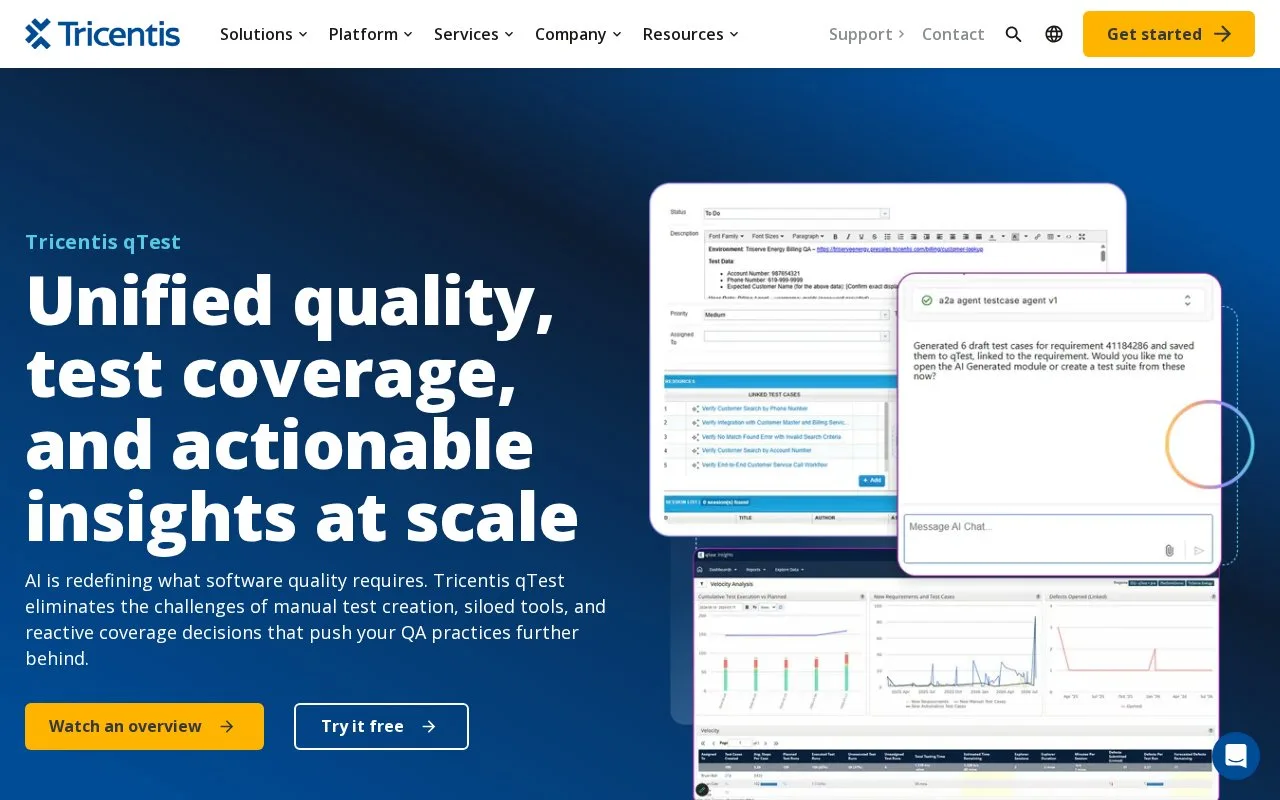 Screenshot of the Tricentis qTest homepage