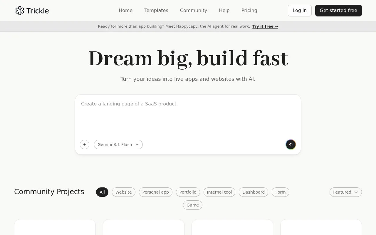 Screenshot of the Trickle homepage