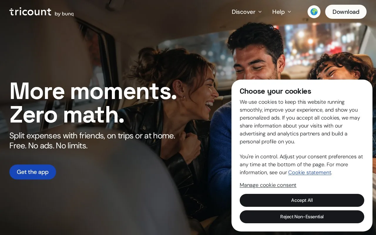 Screenshot of the tricount homepage