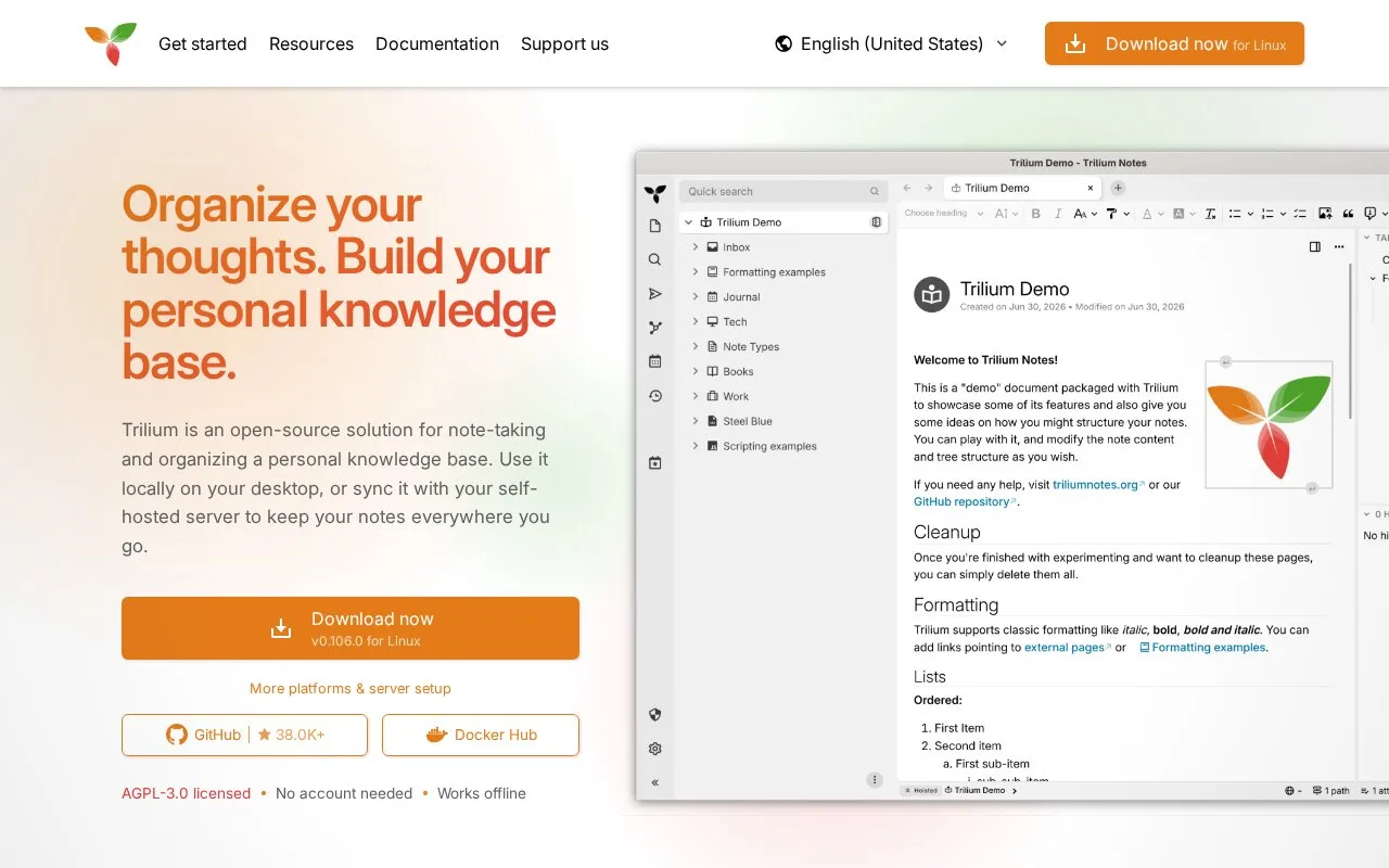 Screenshot of the Trilium Notes homepage
