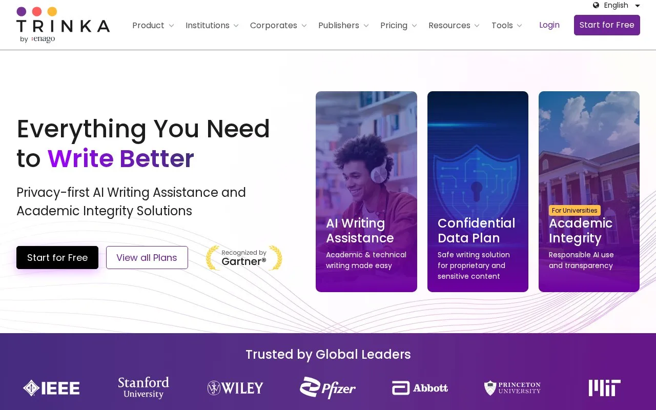 Screenshot of the Trinka homepage