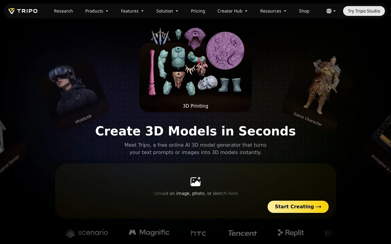 Screenshot of the Tripo homepage