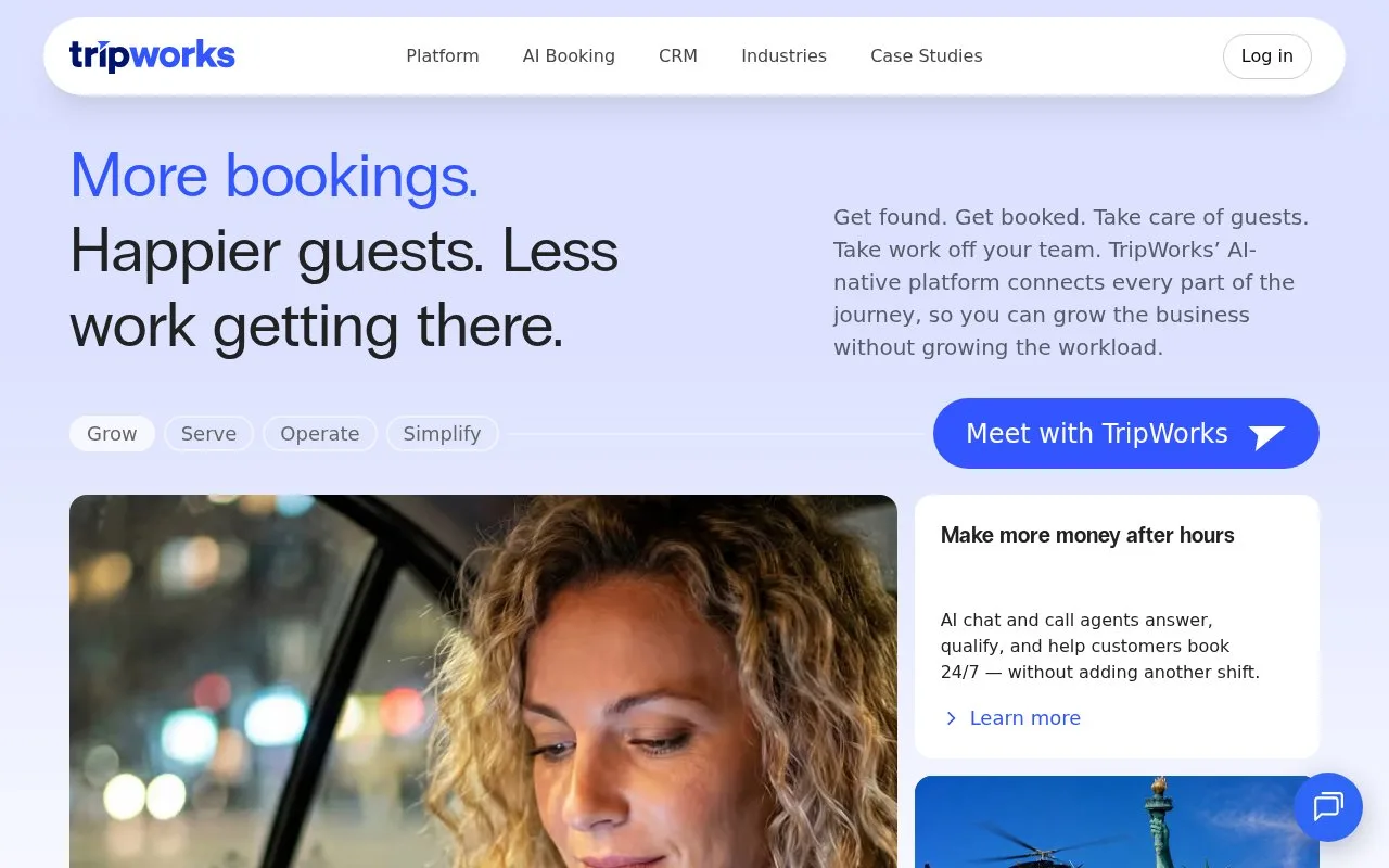 Screenshot of the TripWorks homepage