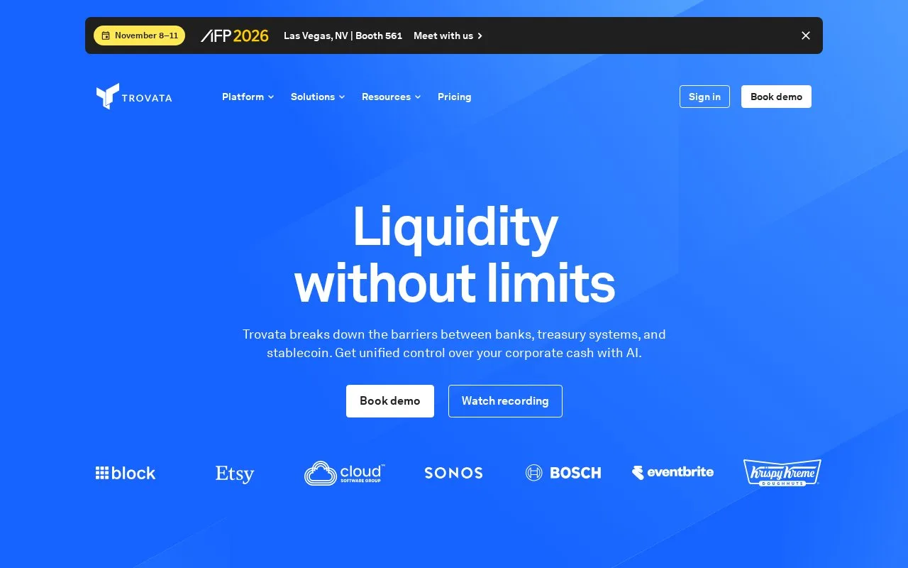 Screenshot of the Trovata homepage