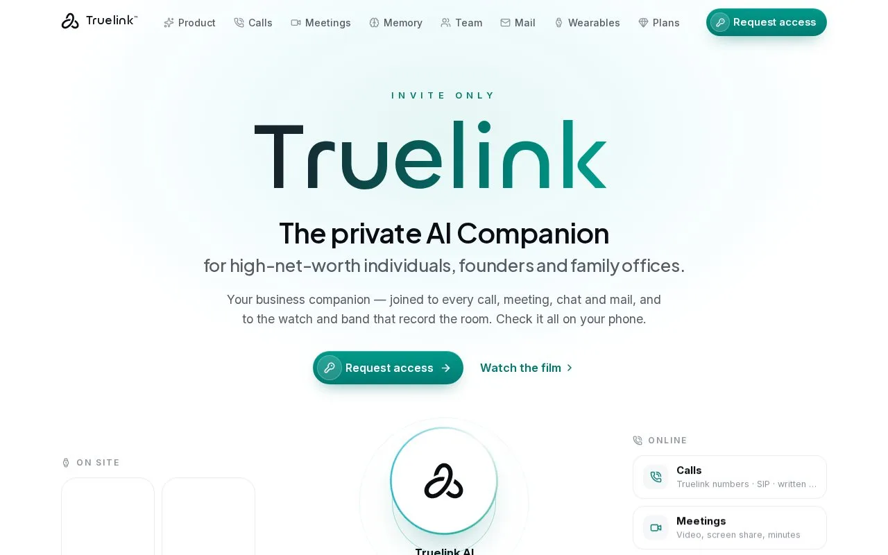 Screenshot of the Truelink homepage