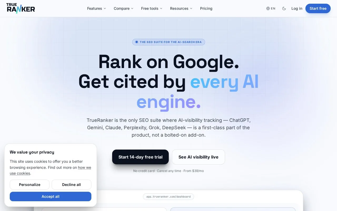 Screenshot of the TrueRanker homepage