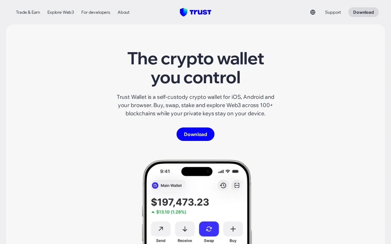 Screenshot of the Trust Wallet homepage