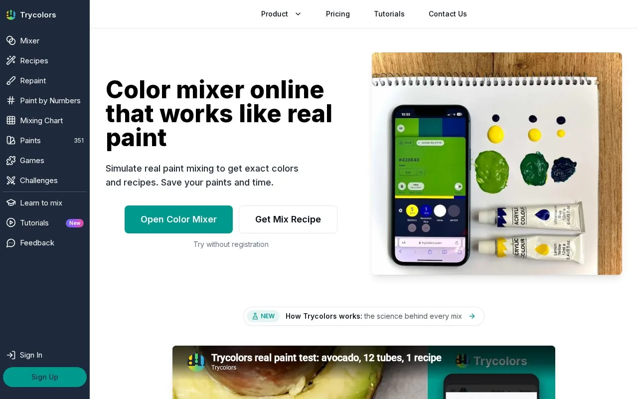 Screenshot of the Trycolors homepage