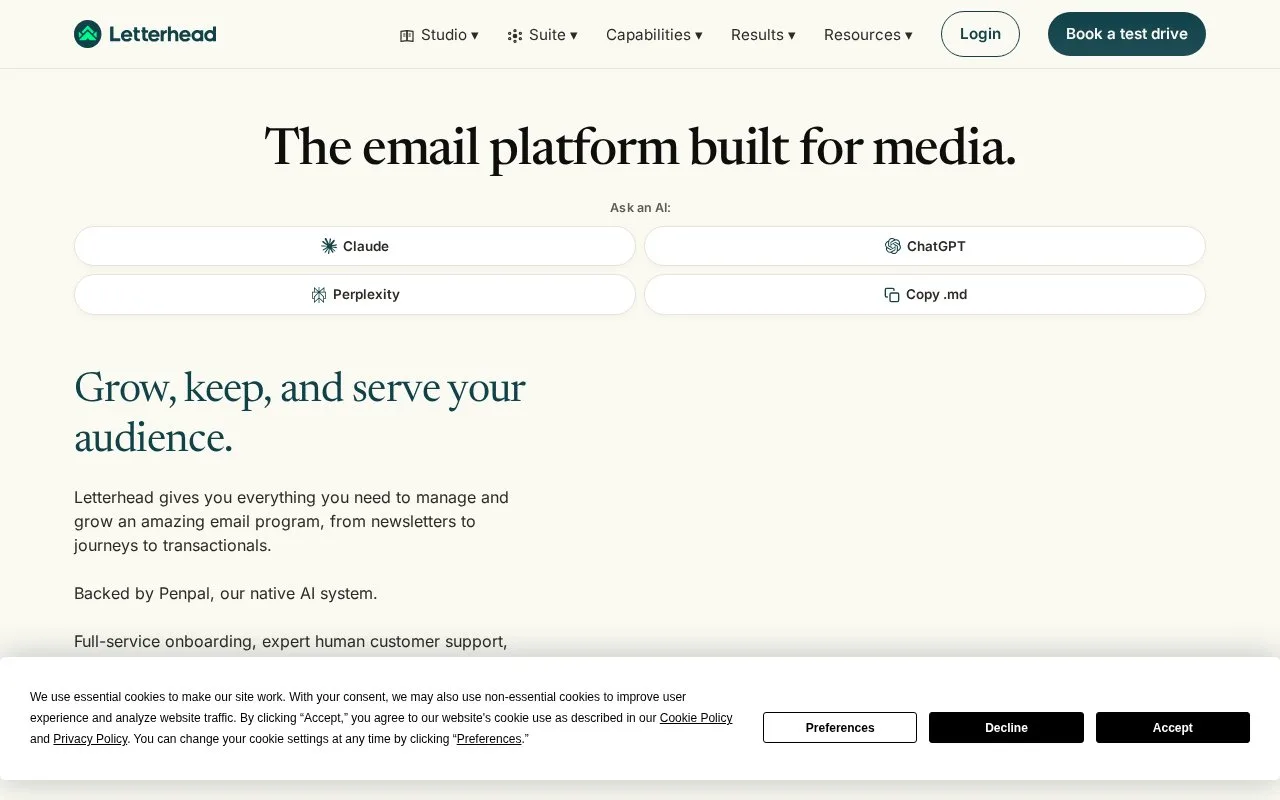 Screenshot of the Letterhead homepage
