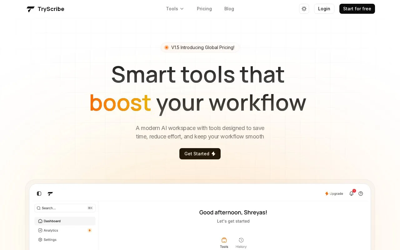 Screenshot of the TryScribe homepage