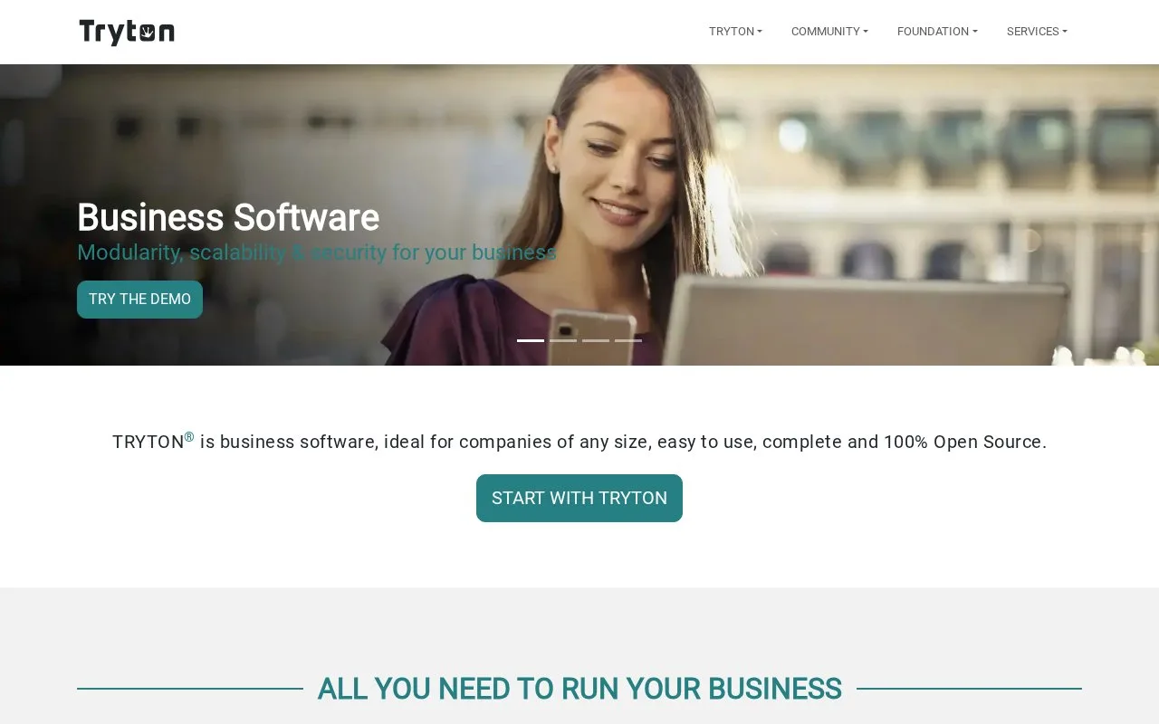 Screenshot of the Tryton homepage