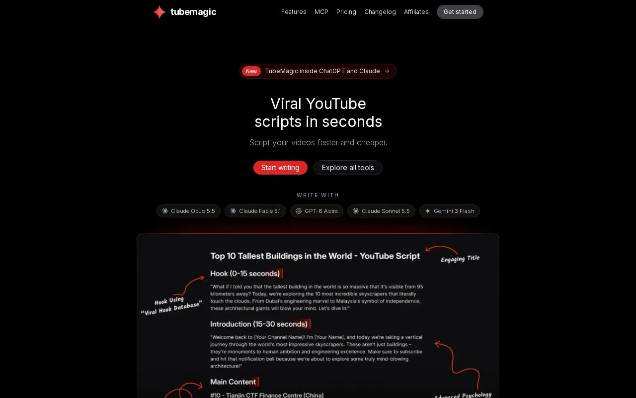 Screenshot of the TubeMagic homepage