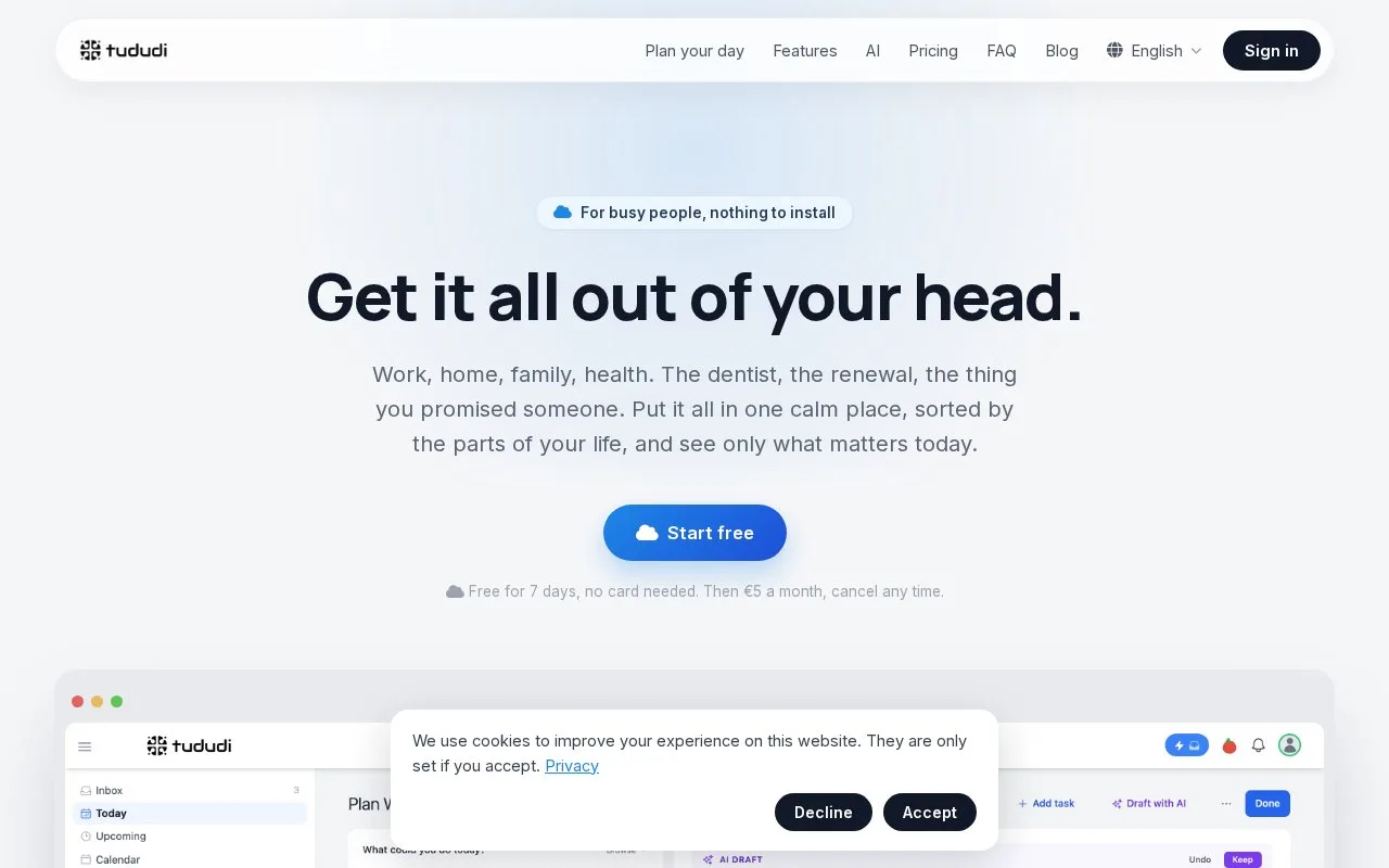 Screenshot of the tududi homepage