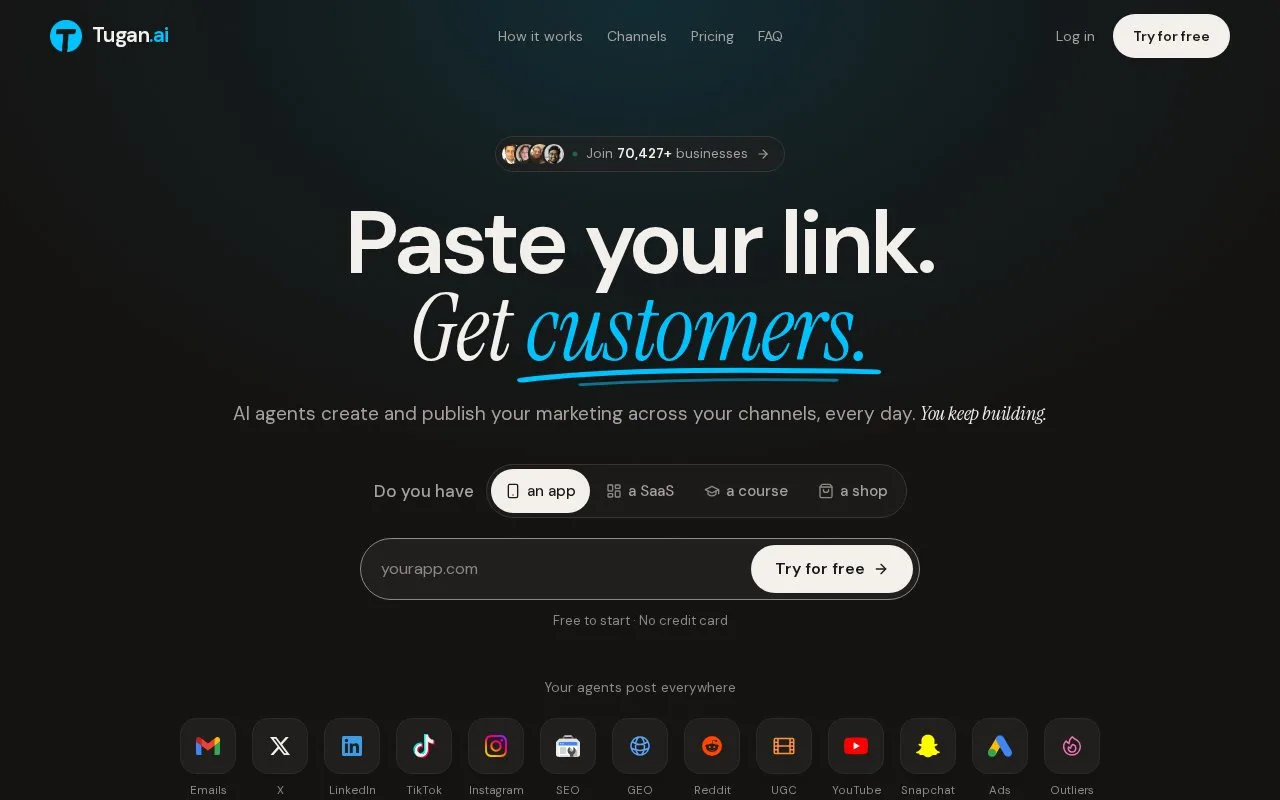 Screenshot of the Tugan.ai homepage