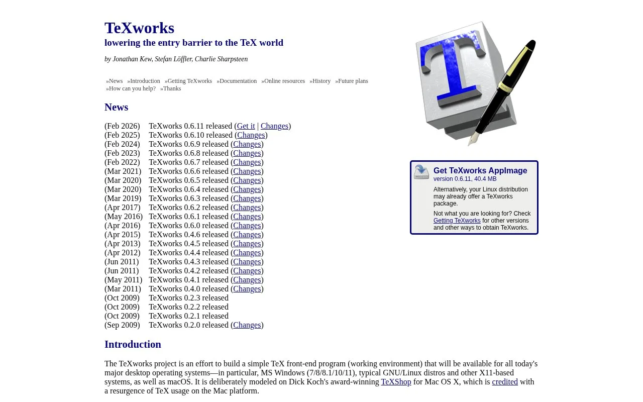 Screenshot of the TeXworks homepage