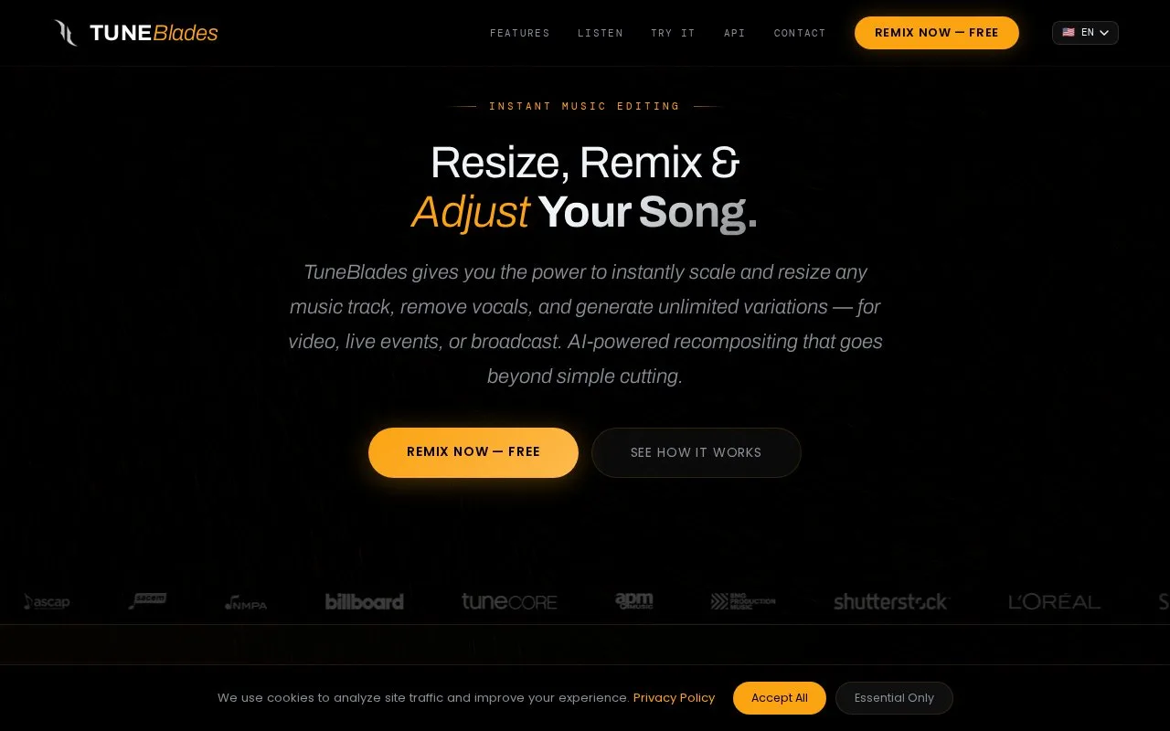 Screenshot of the TuneBlades homepage