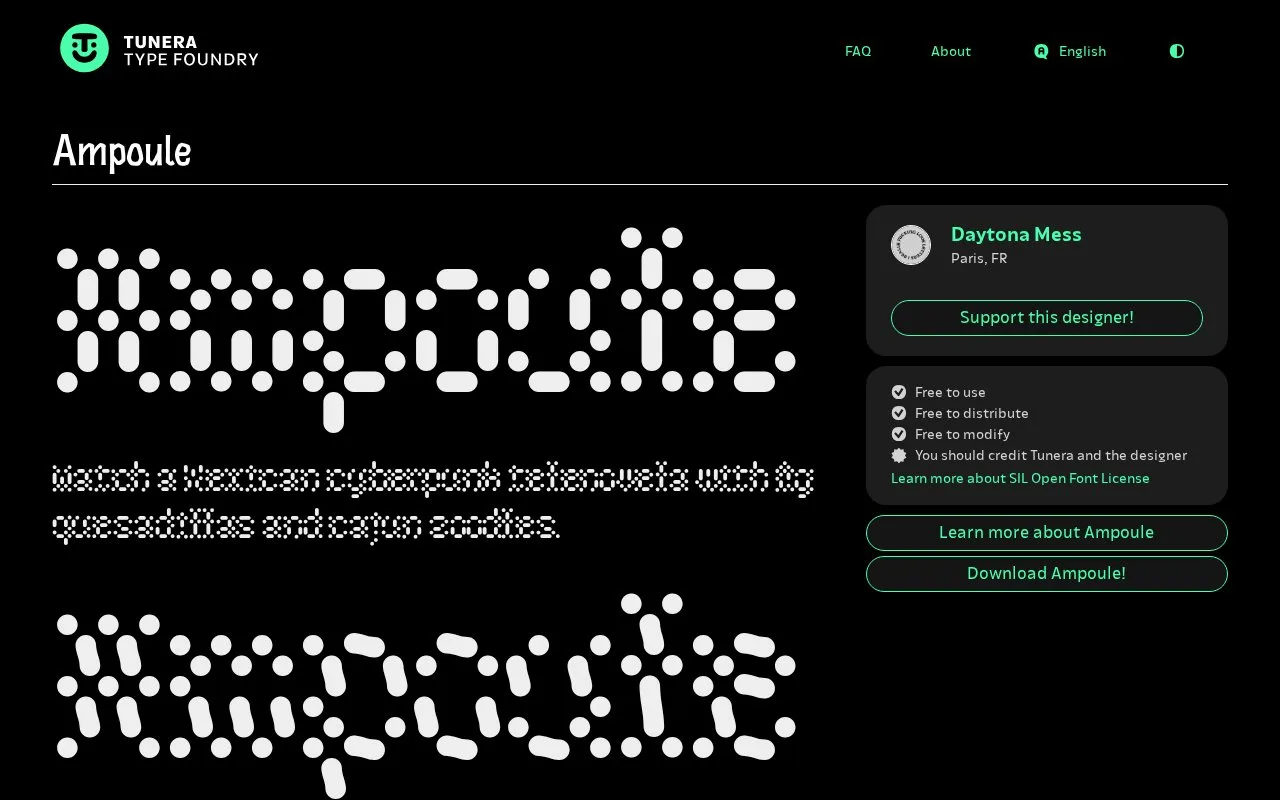 Screenshot of the Tunera Type Foundry homepage