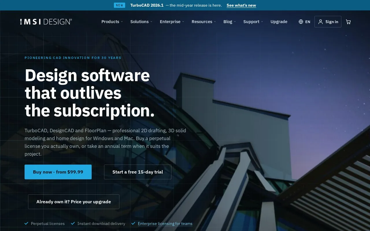 Screenshot of the TurboCAD homepage
