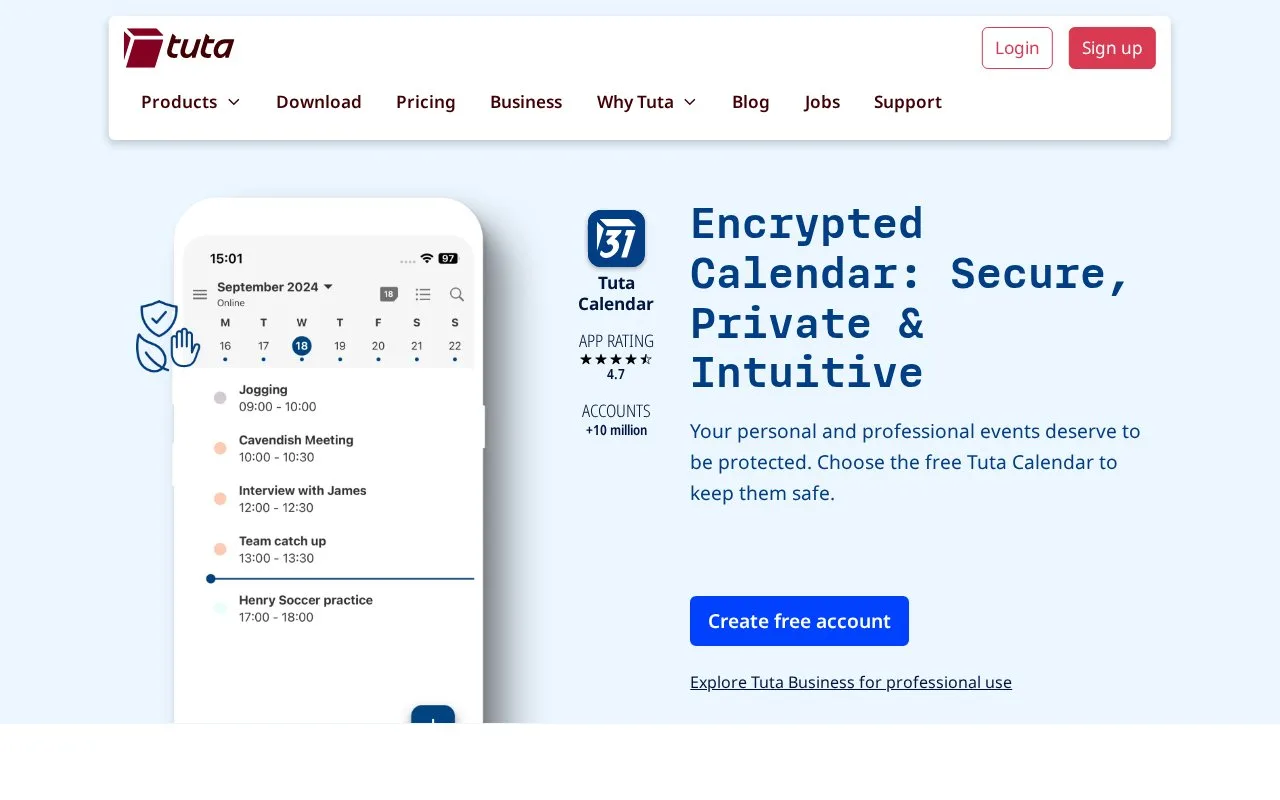 Screenshot of the Tuta Calendar homepage